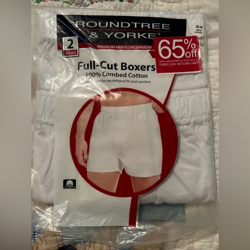 Roundtree & Yorke Boxers Big Man Size 54 Full-Cut 100% Combed Cotton White NEW